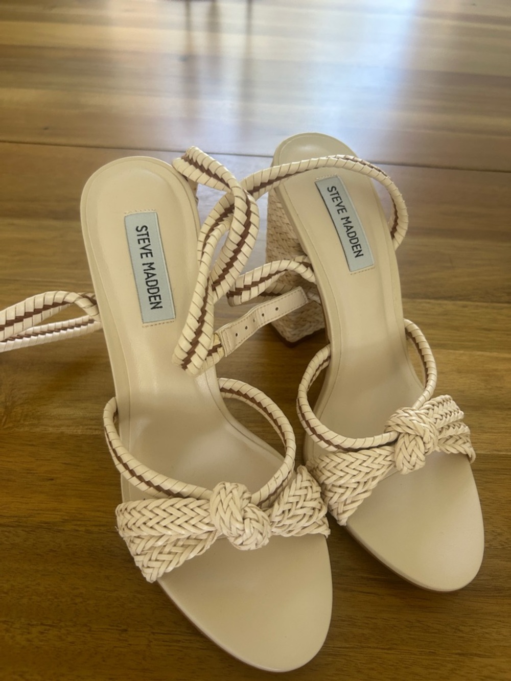 Steve Madden Cream Braided Knot Block Heel Sandals with Wrap Straps